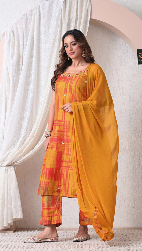 Advita Mustard Orange Checked Muslin Silk Suit for Women