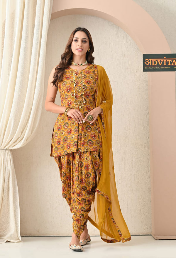 Advita Mustard Yellow Printed Dhoti Suit with Dupatta