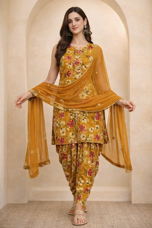Woman wearing mustard yellow floral print dhoti suit with dupatta
