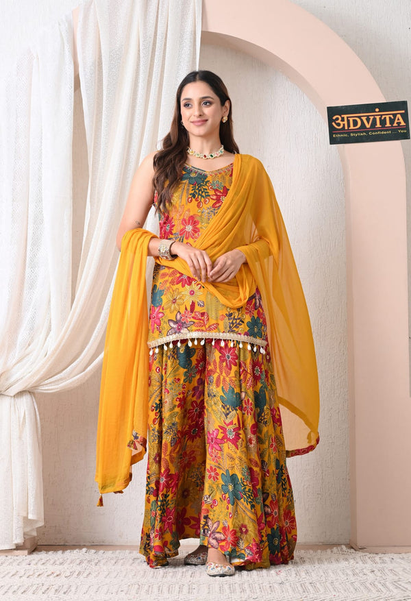 Advita Mustard Yellow Party Wear Sharara Suit with Dupatta for Women