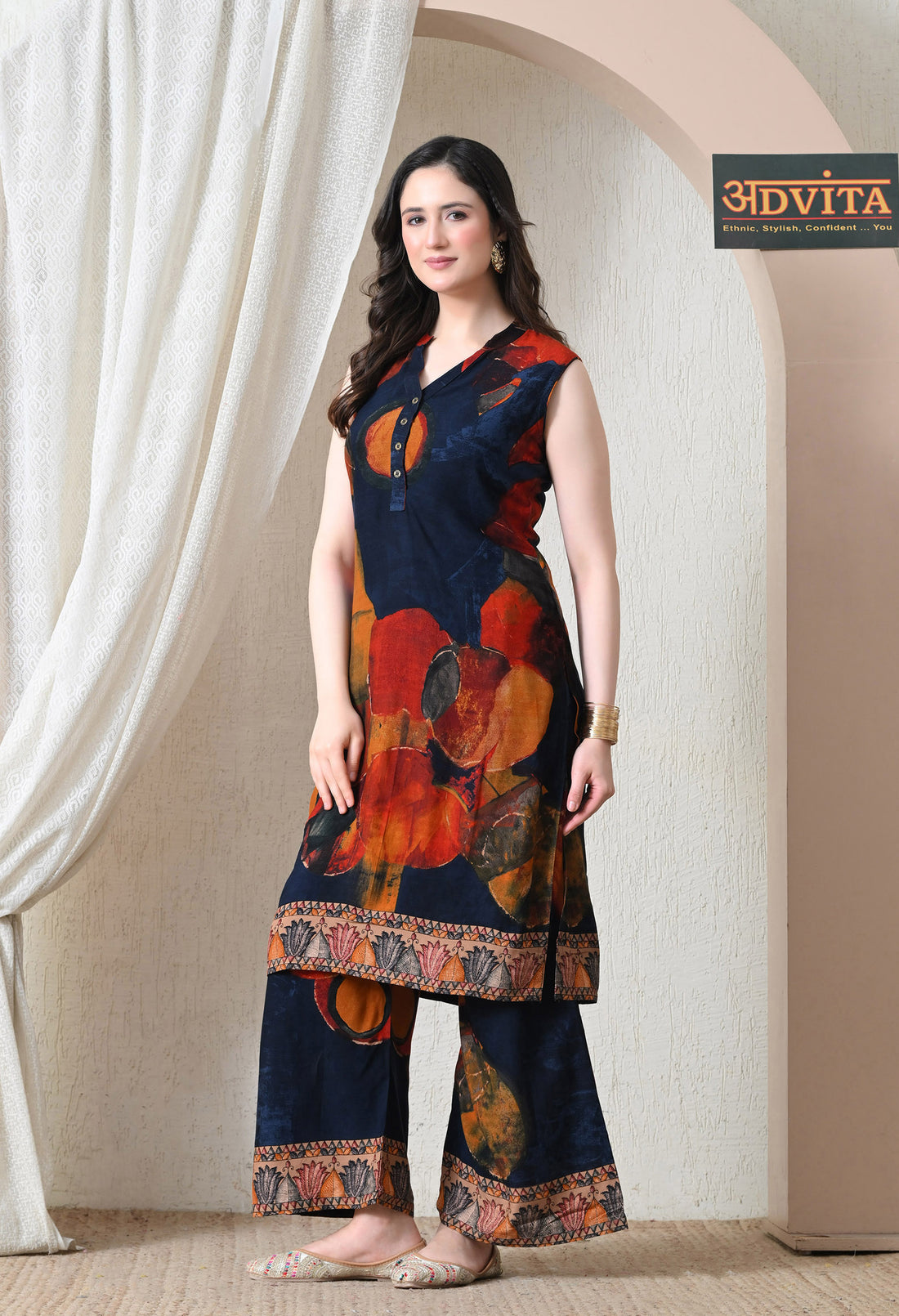 Advita Navy Blue Abstract Art Print Rayon Cotton Kurta Set for Women