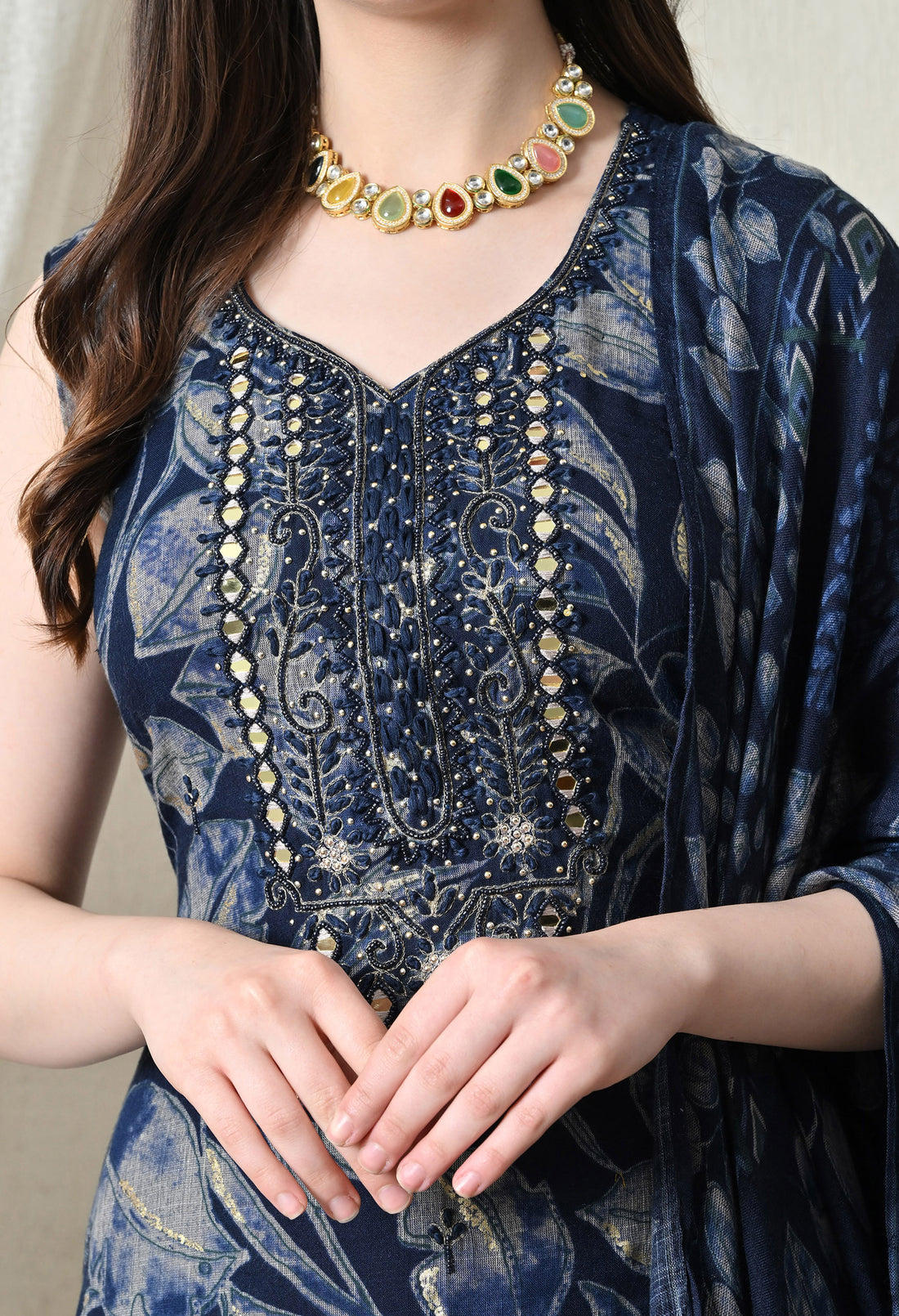 Advita Navy Blue Batik Leaf Print Rayon Cotton Suit for Women