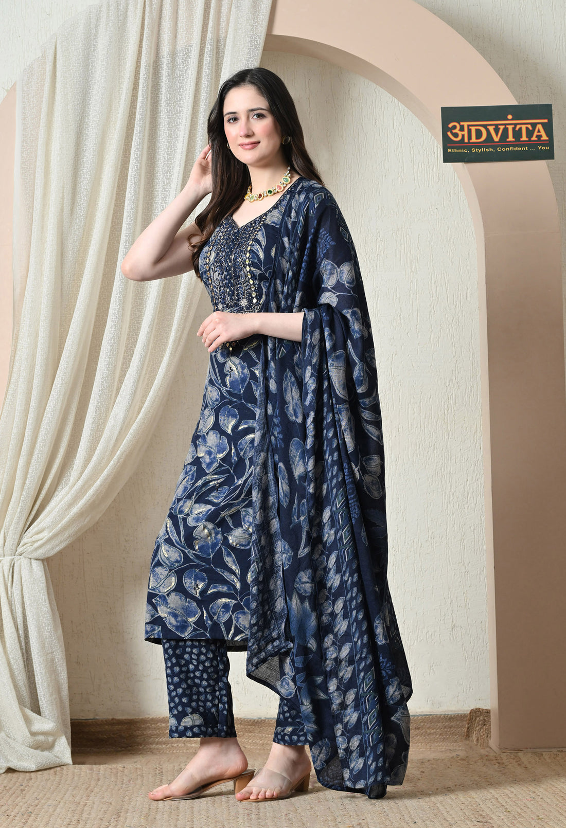 Advita Navy Blue Batik Leaf Print Rayon Cotton Suit for Women