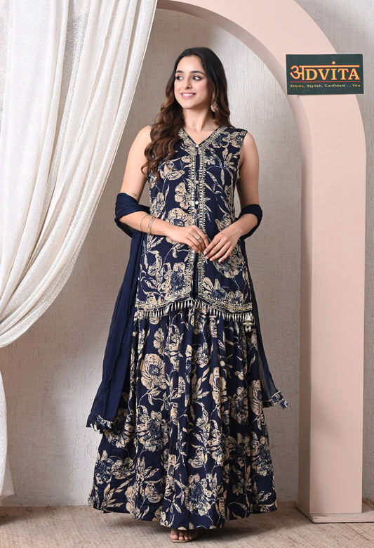 Advita Navy Blue Floral Chinon Skirt Set for Women