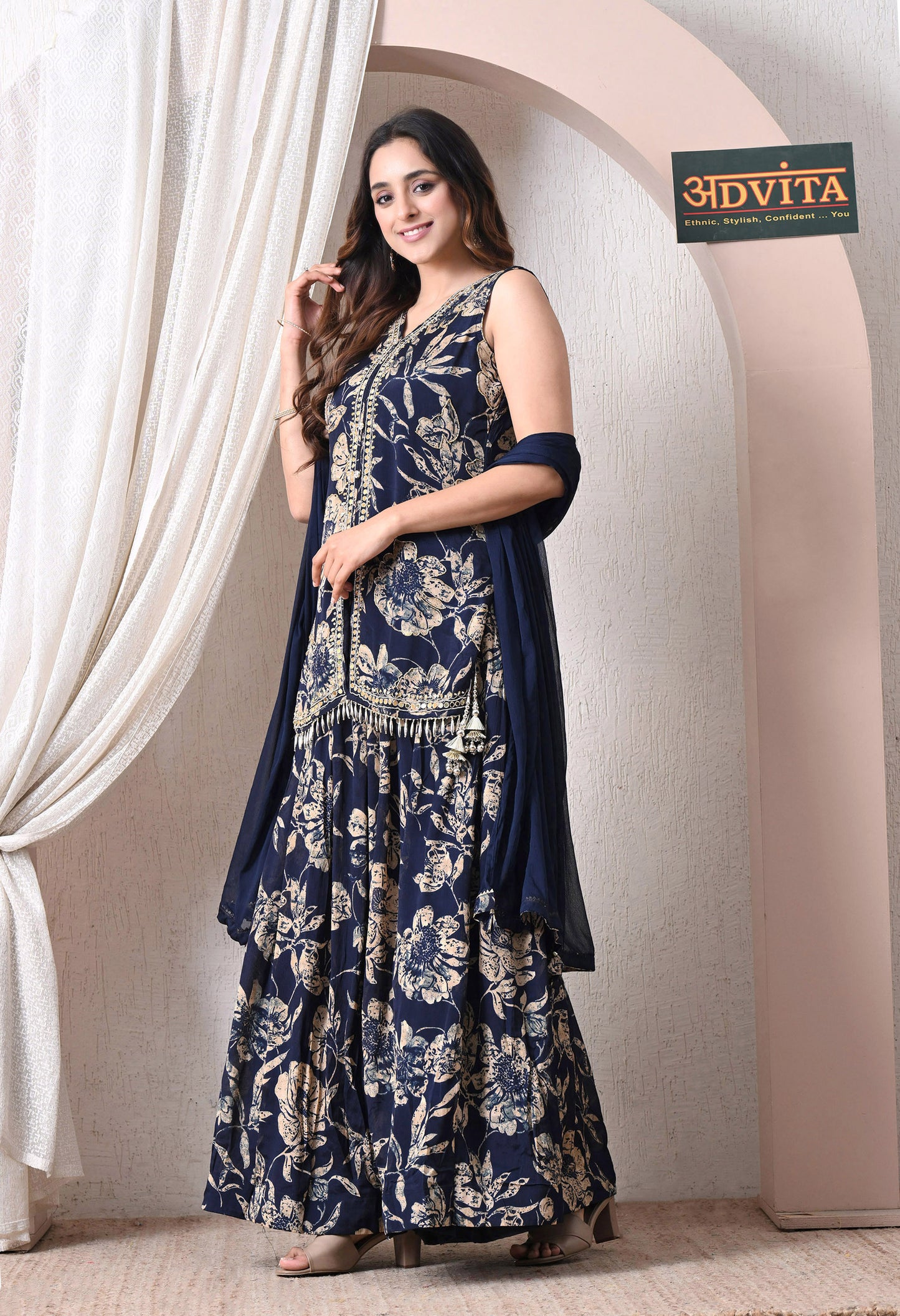 Advita Navy Blue Floral Chinon Skirt Set for Women
