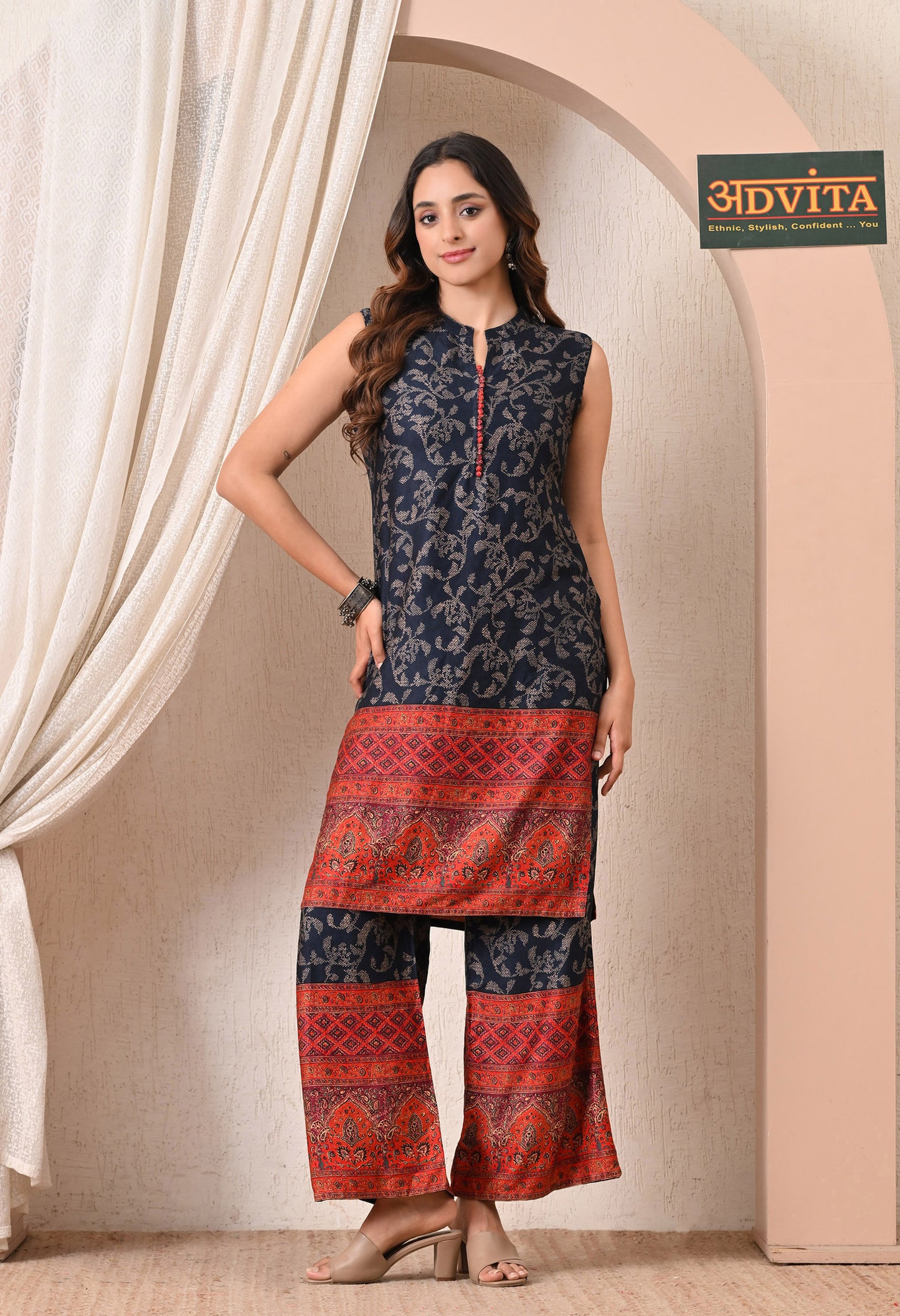 Advita Navy Blue Floral Print Rayon Cotton Kurta Set with Palazzo for Women