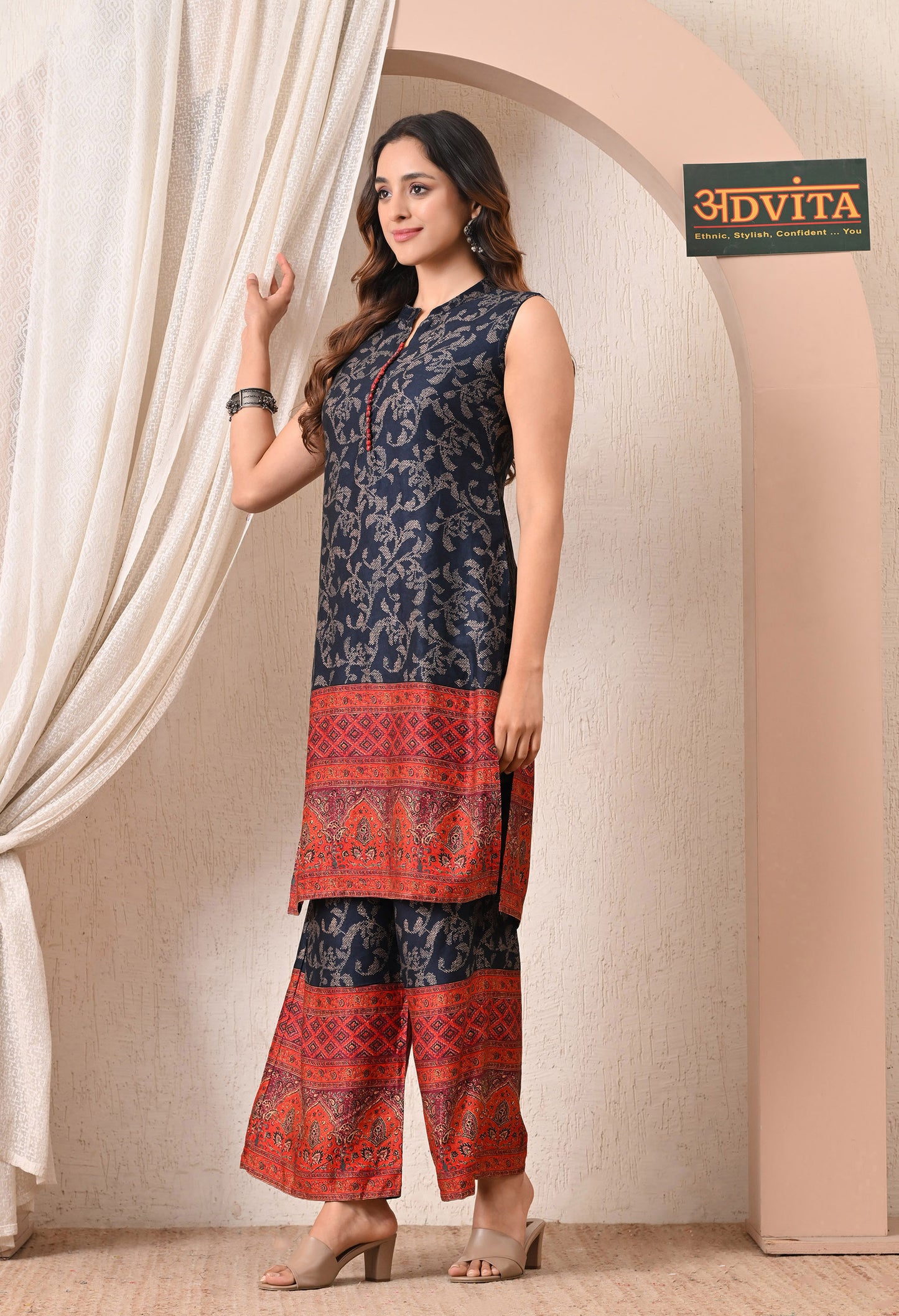 Advita Navy Blue Floral Print Rayon Cotton Kurta Set with Palazzo for Women