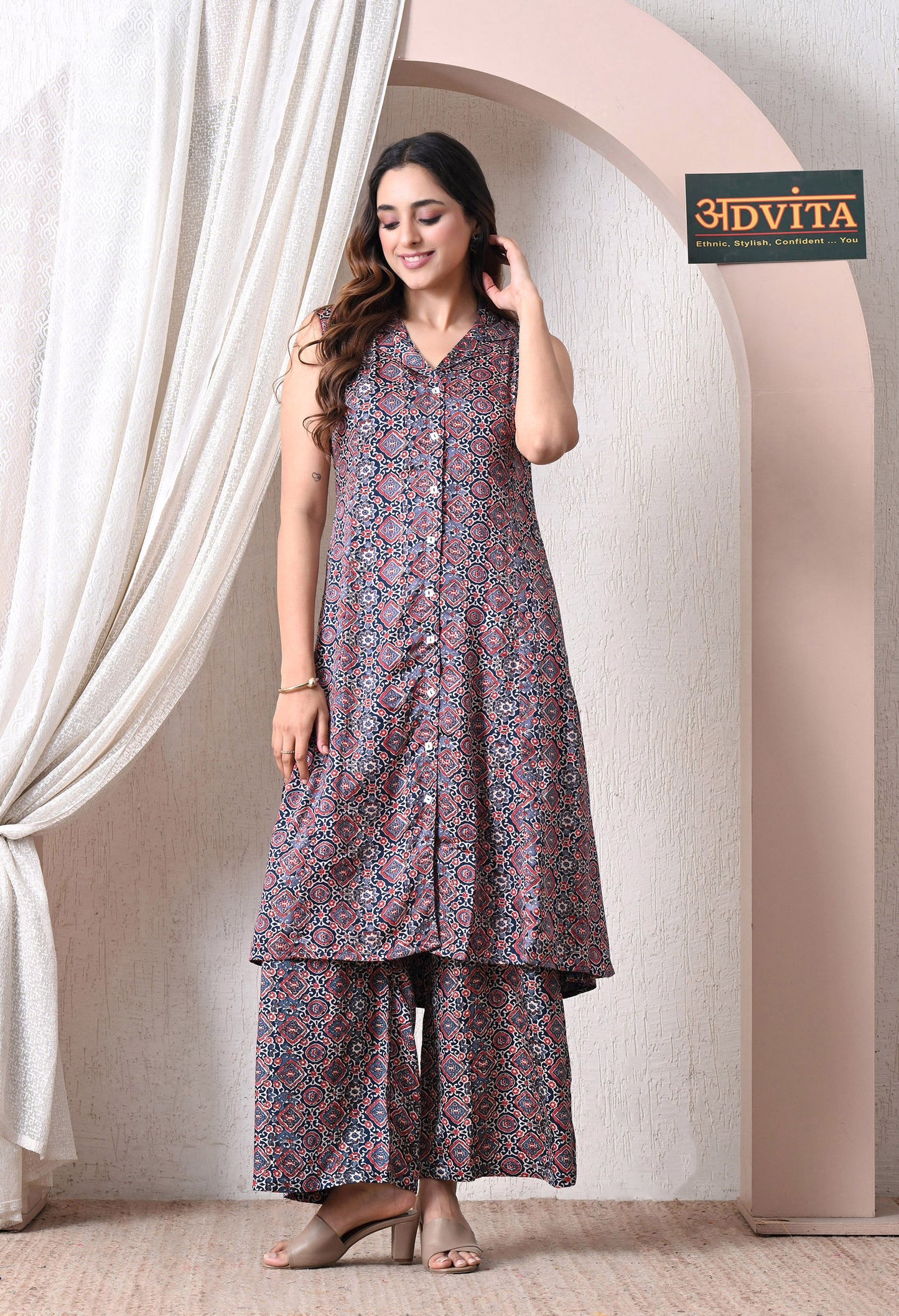 Advita Navy Blue Gaji Silk Geometric Print A-Line Kurta Set for Women