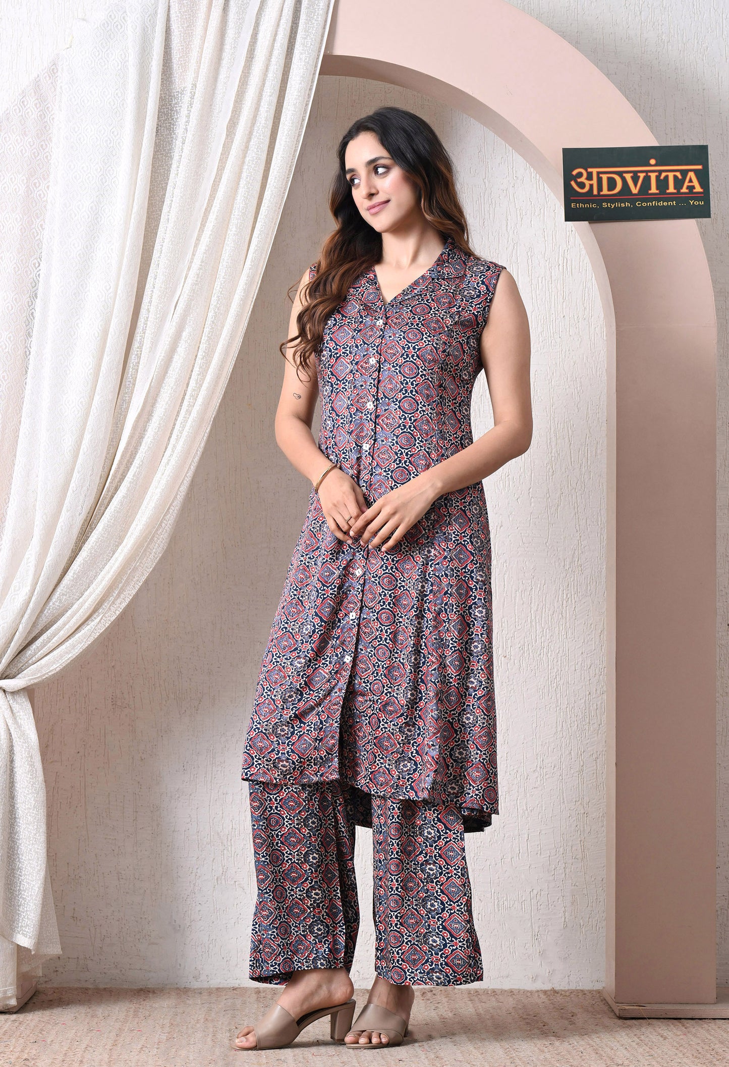 Advita Navy Blue Gaji Silk Geometric Print A-Line Kurta Set for Women