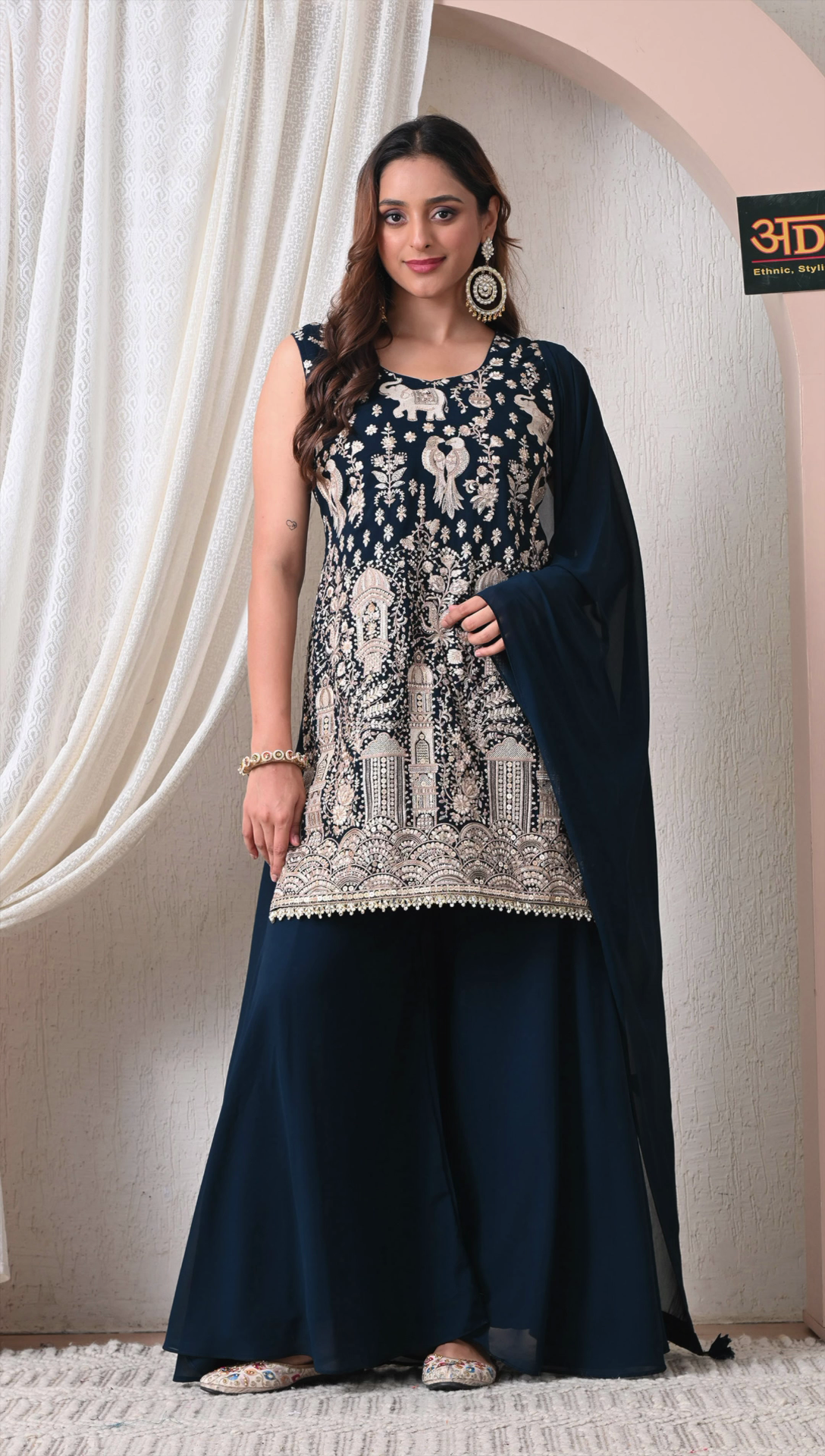 Navy blue embroidered georgette sharara set for women front view