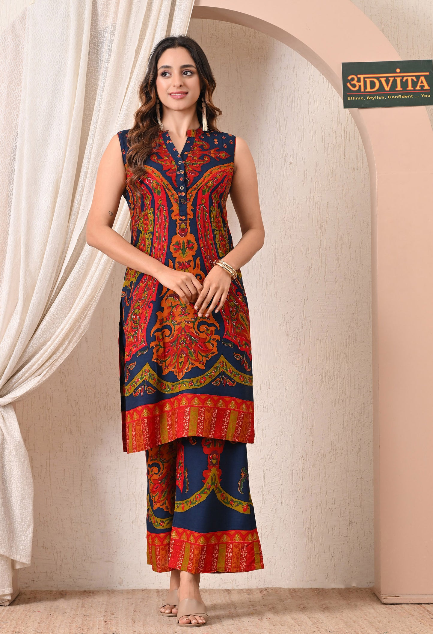 Advita Navy Blue Kalamkari Print Rayon Cotton Kurta Set for Women