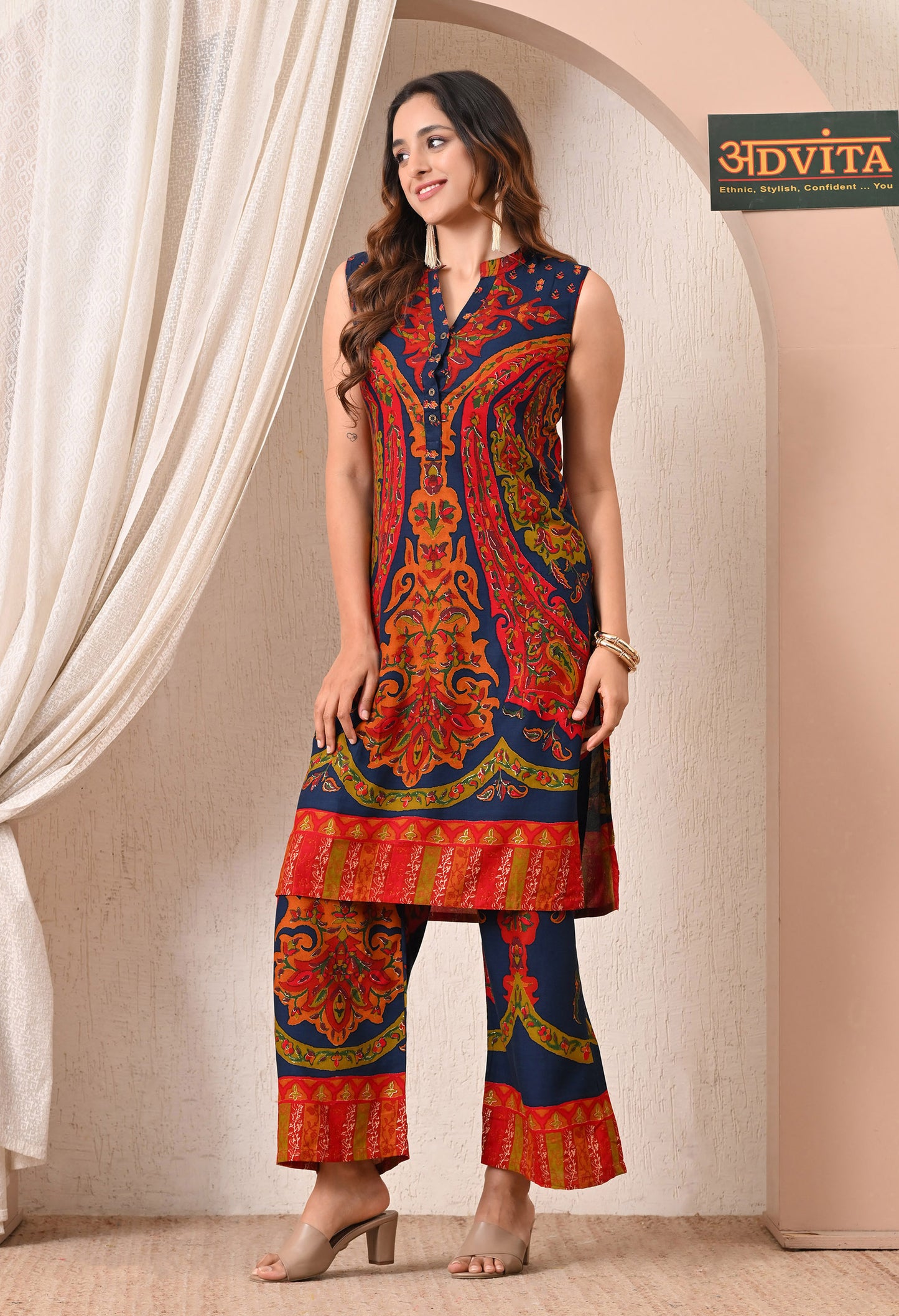 Advita Navy Blue Kalamkari Print Rayon Cotton Kurta Set for Women