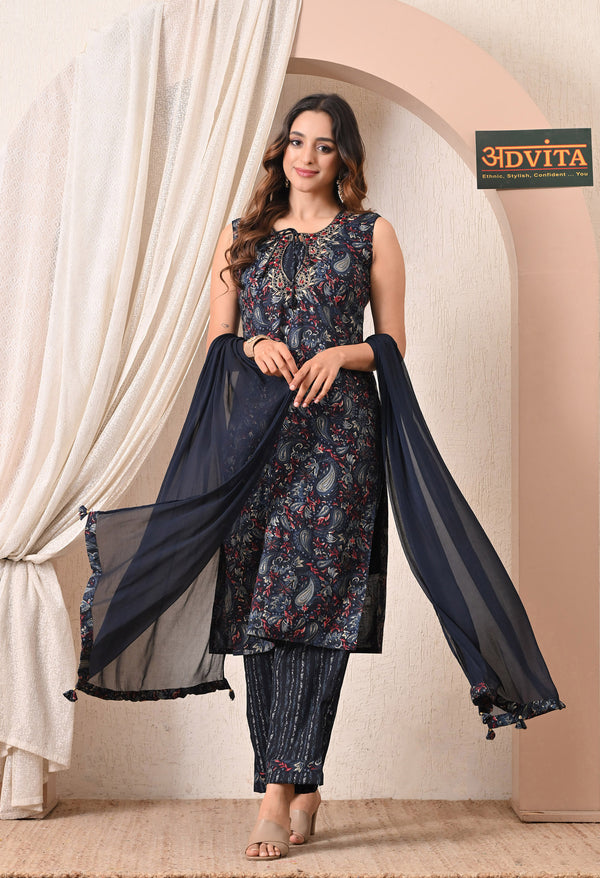 Advita Navy Blue Paisley Print Rayon Cotton Suit for Women