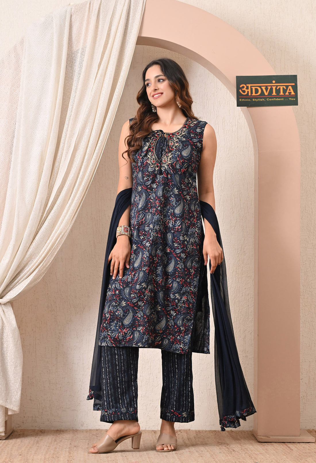 Advita Navy Blue Paisley Print Rayon Cotton Suit for Women