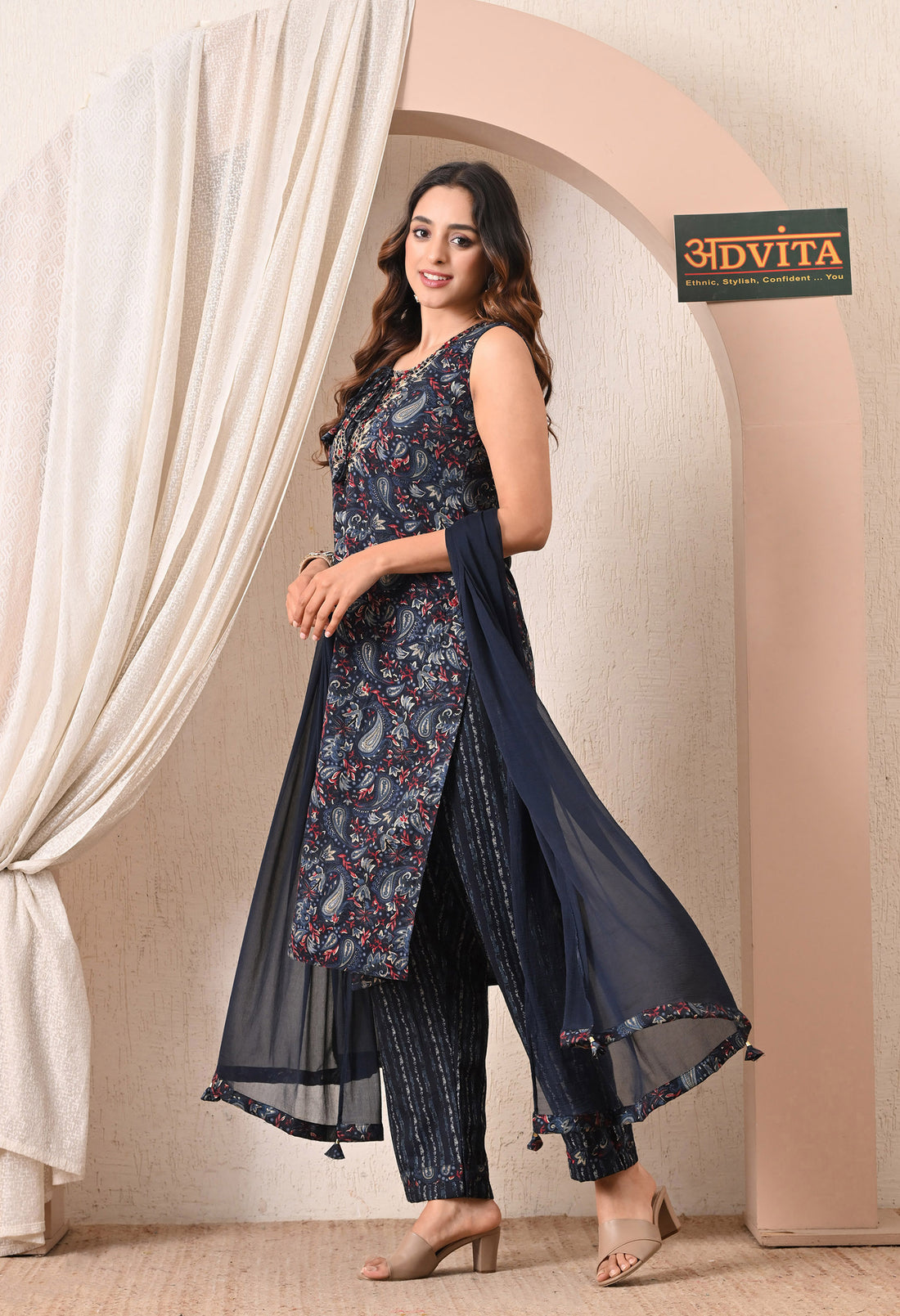 Advita Navy Blue Paisley Print Rayon Cotton Suit for Women