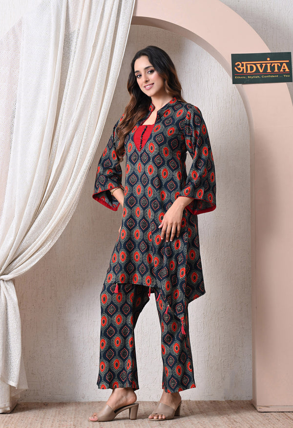 Advita Navy Blue Geometric Print Rayon Cotton Sea Cut Coord Set for Women