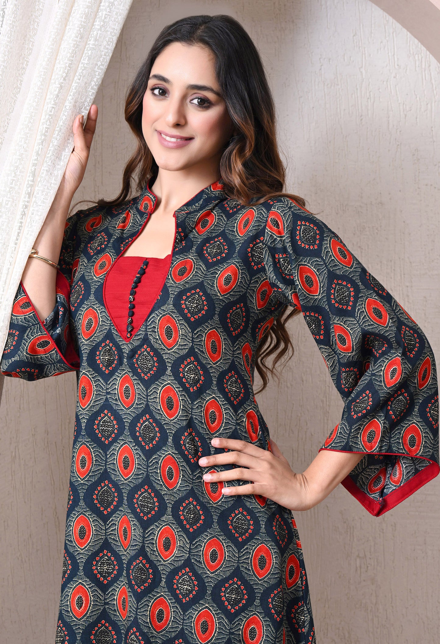 Advita Navy Blue Geometric Print Rayon Cotton Sea Cut Coord Set for Women