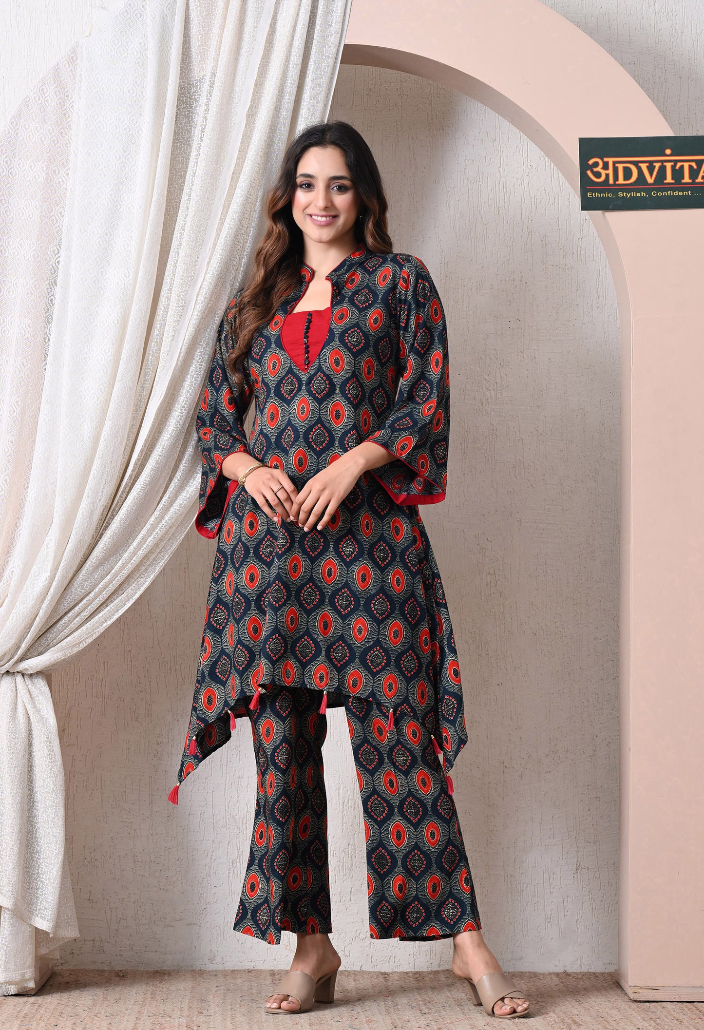 Advita Navy Blue Geometric Print Rayon Cotton Sea Cut Coord Set for Women