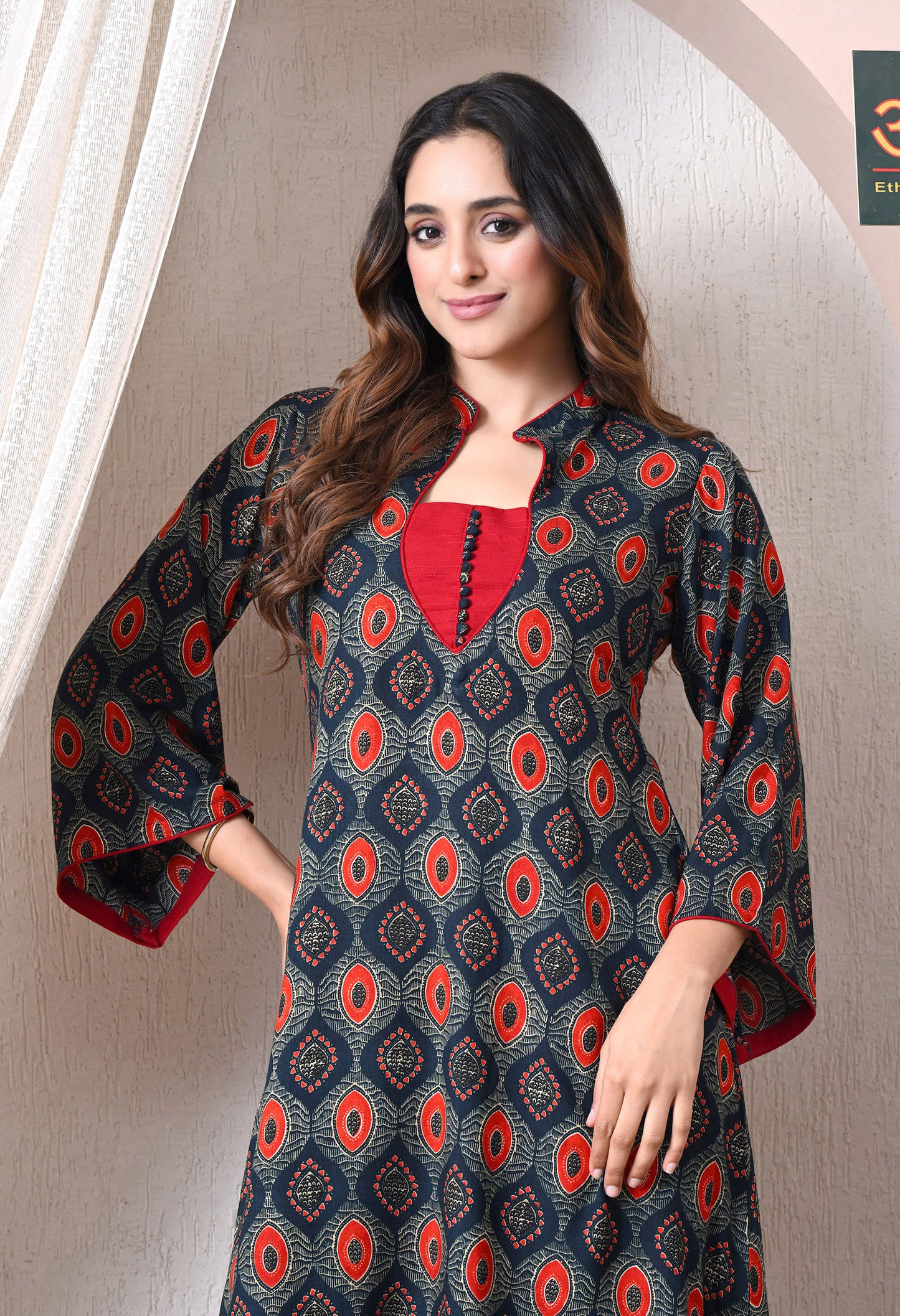 Advita Navy Blue Geometric Print Rayon Cotton Sea Cut Coord Set for Women