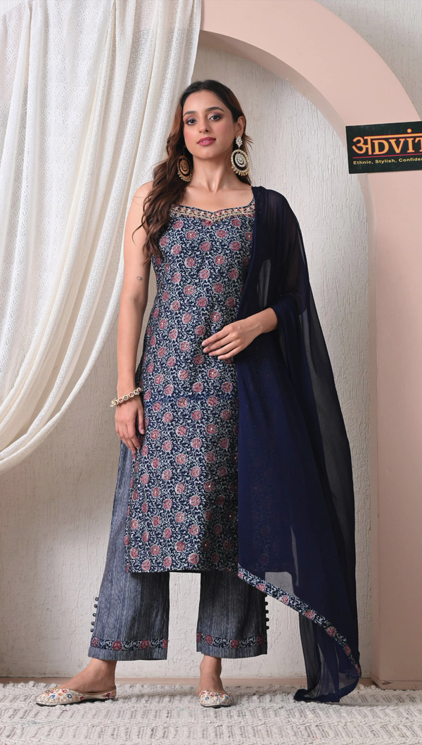 Advita Navy Blue Printed Rayon Cotton 3 Piece Suit Set for Women