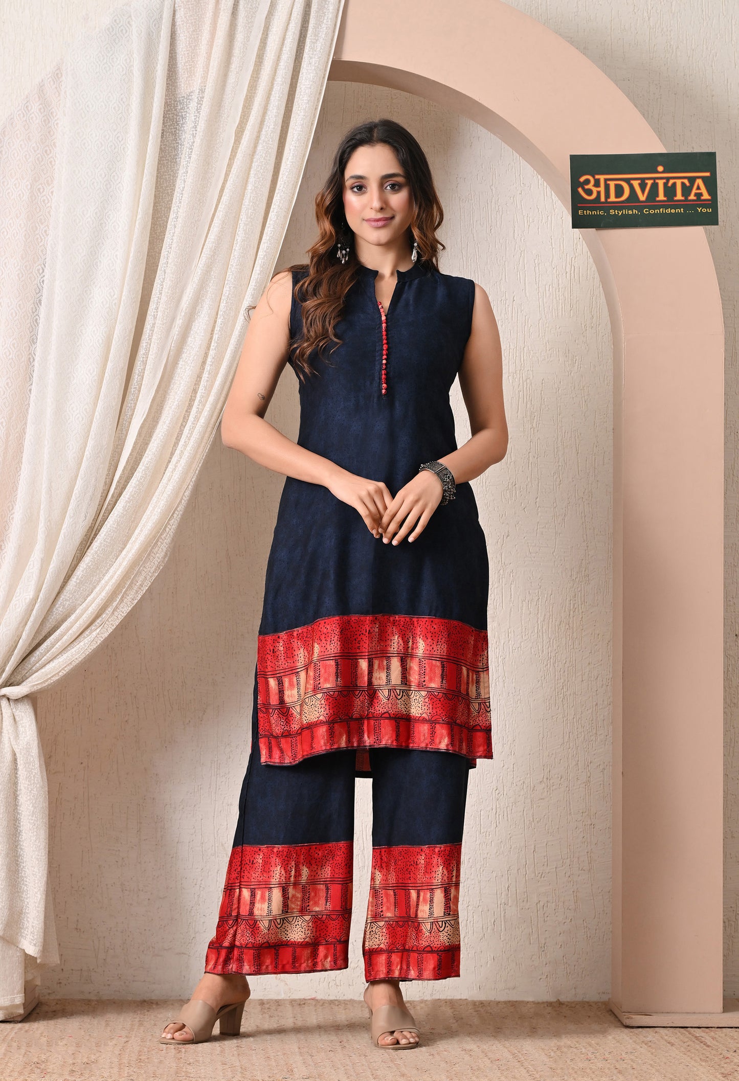 Advita Navy Blue Red Border Rayon Cotton Kurta Set for Women