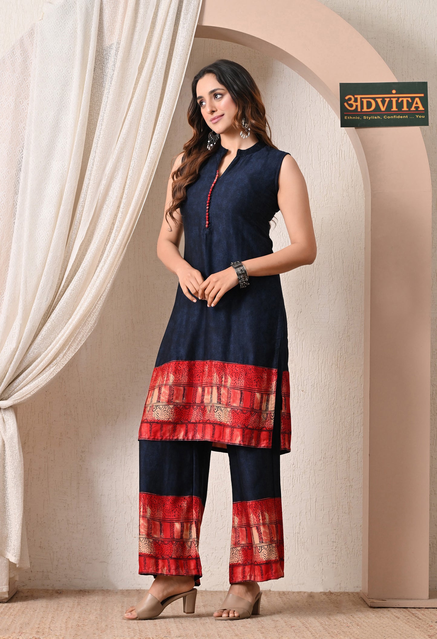 Advita Navy Blue Red Border Rayon Cotton Kurta Set for Women
