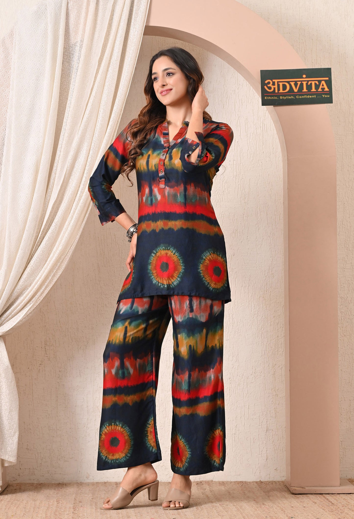 Advita Navy Blue Tie Dye Shibori Print Gaji Silk Cord Set for Women