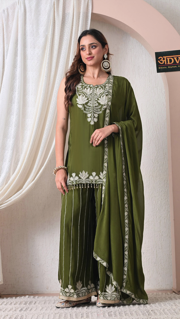 Advita Olive Green Chinon Party Wear Sharara Set for Women