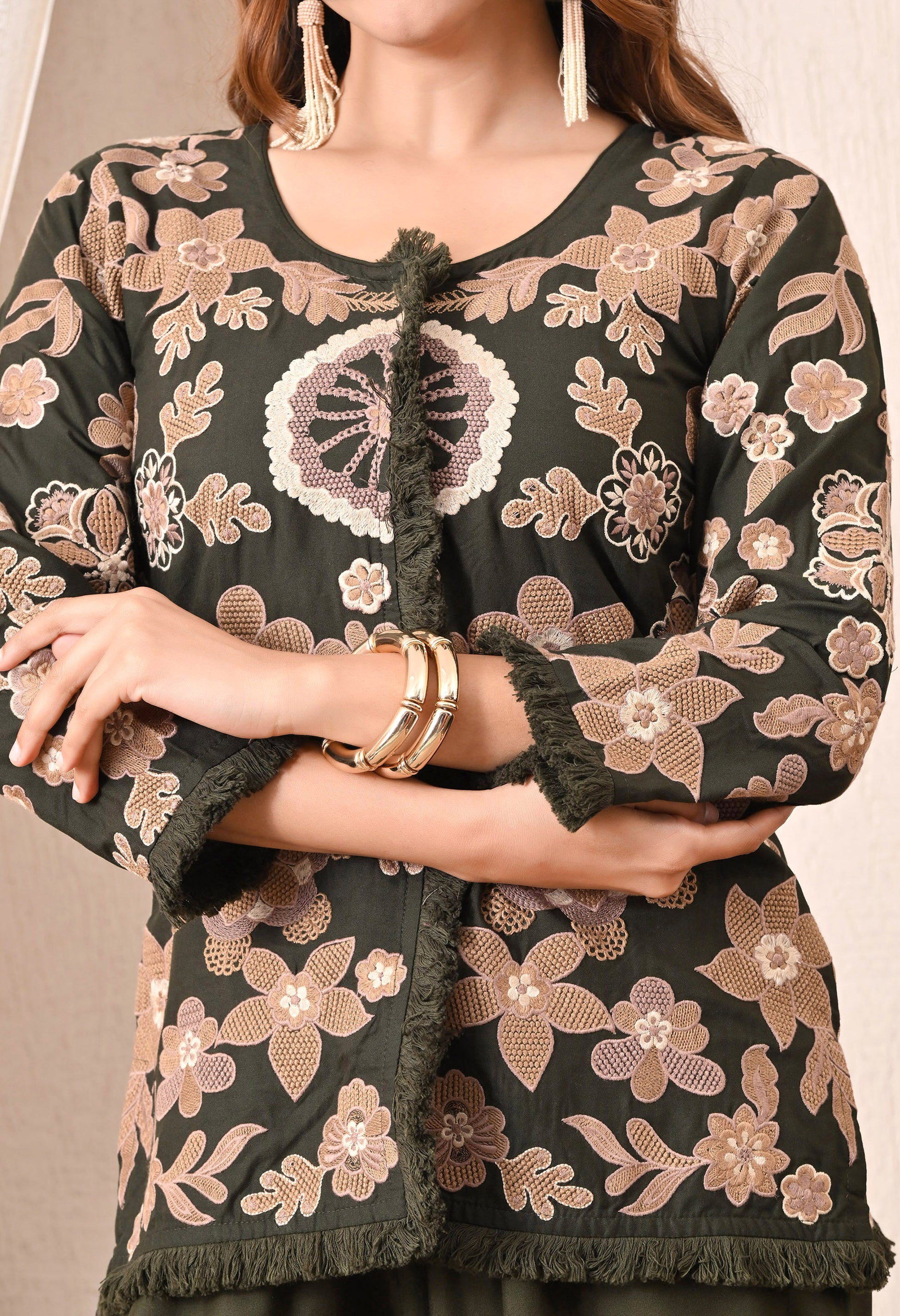 Advita Olive Green Floral Embroidery Rayon Cotton Cord Set for women – view 2