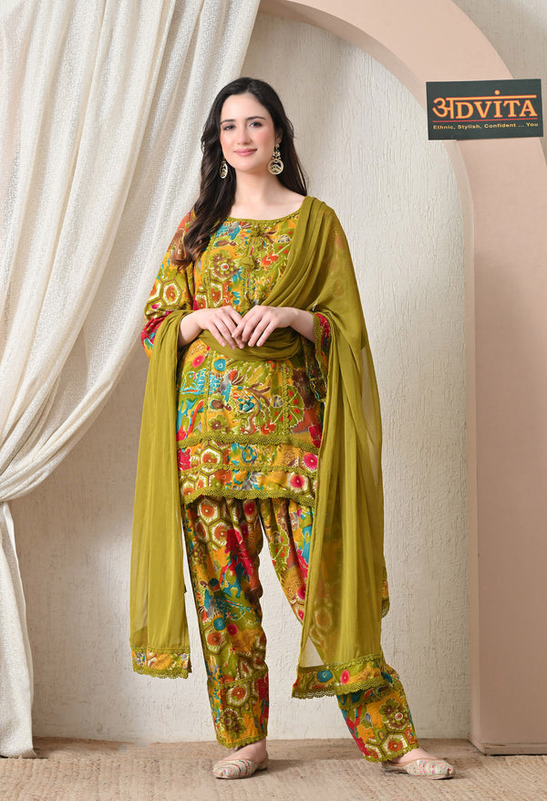 Advita Olive Green Multicolor Floral Print Rayon Cotton Farsi Salwar Suit for Women