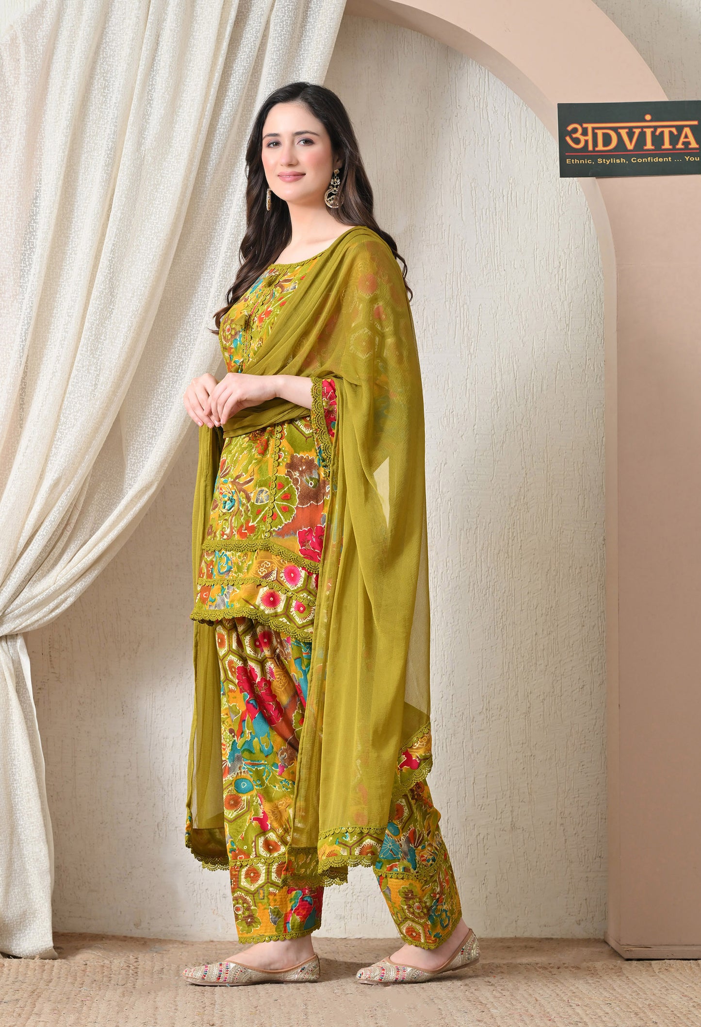 Advita Olive Green Multicolor Floral Print Rayon Cotton Farsi Salwar Suit for women – view 4