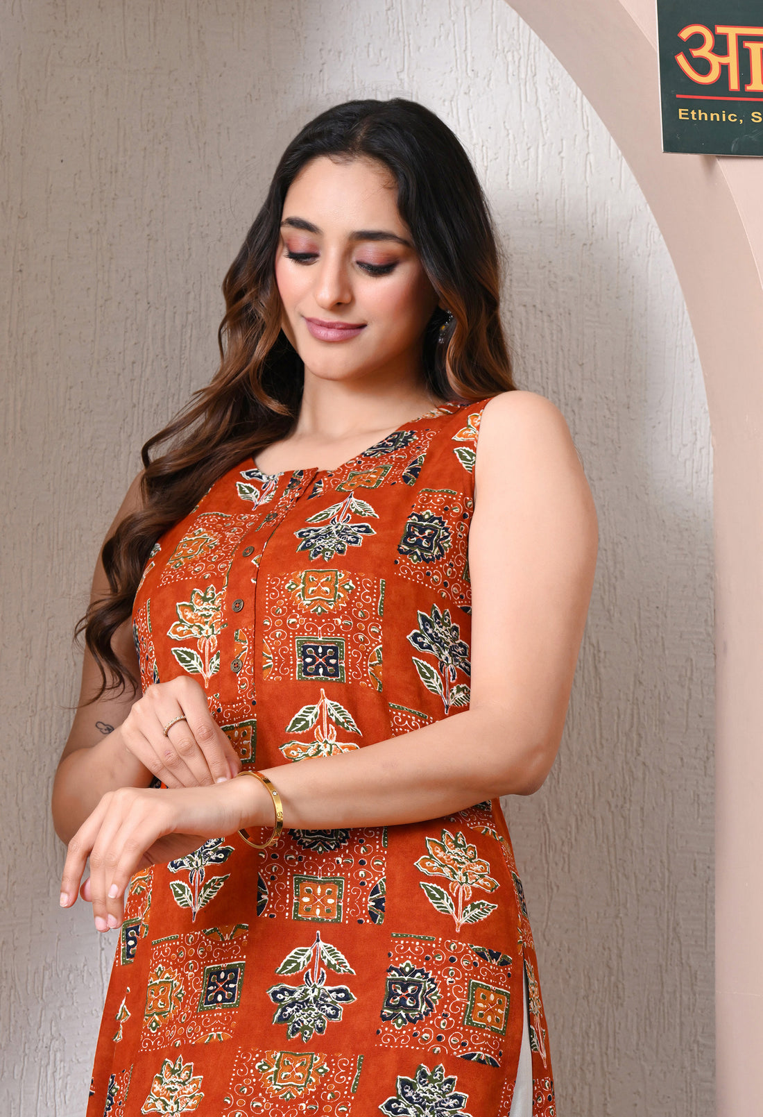 orange ajrakh print kurti close up detail fabric women