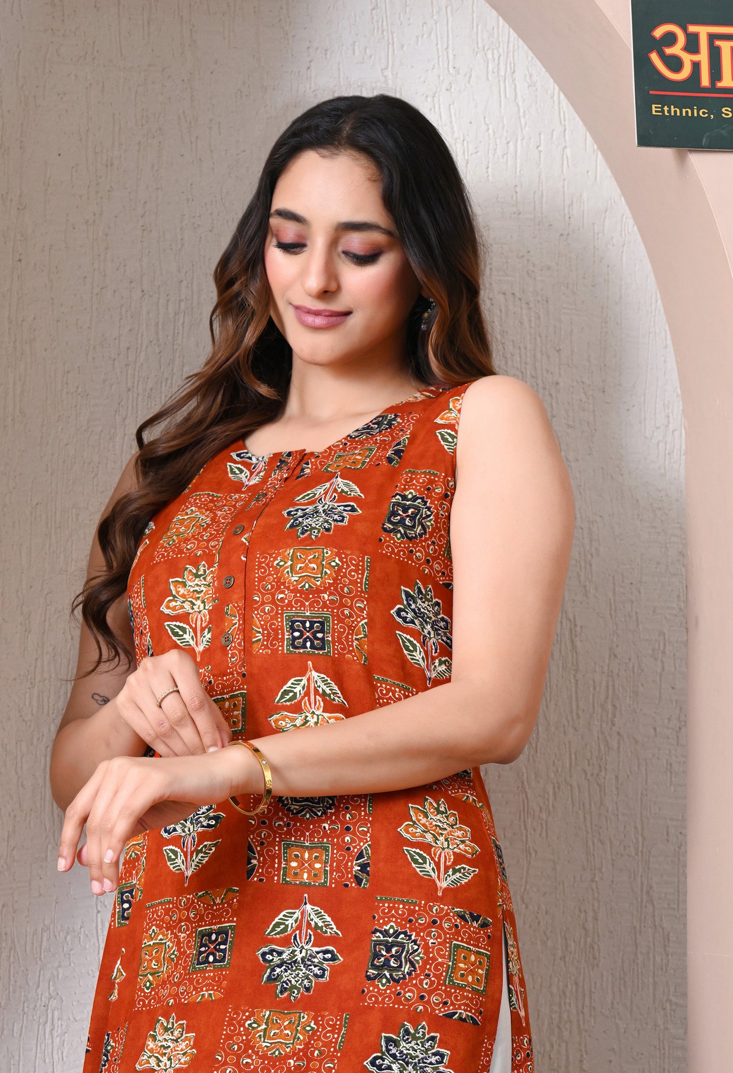 orange ajrakh print kurti close up detail fabric women