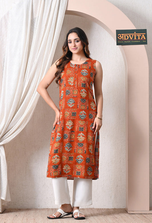 orange ajrakh block print kurti for women front view india