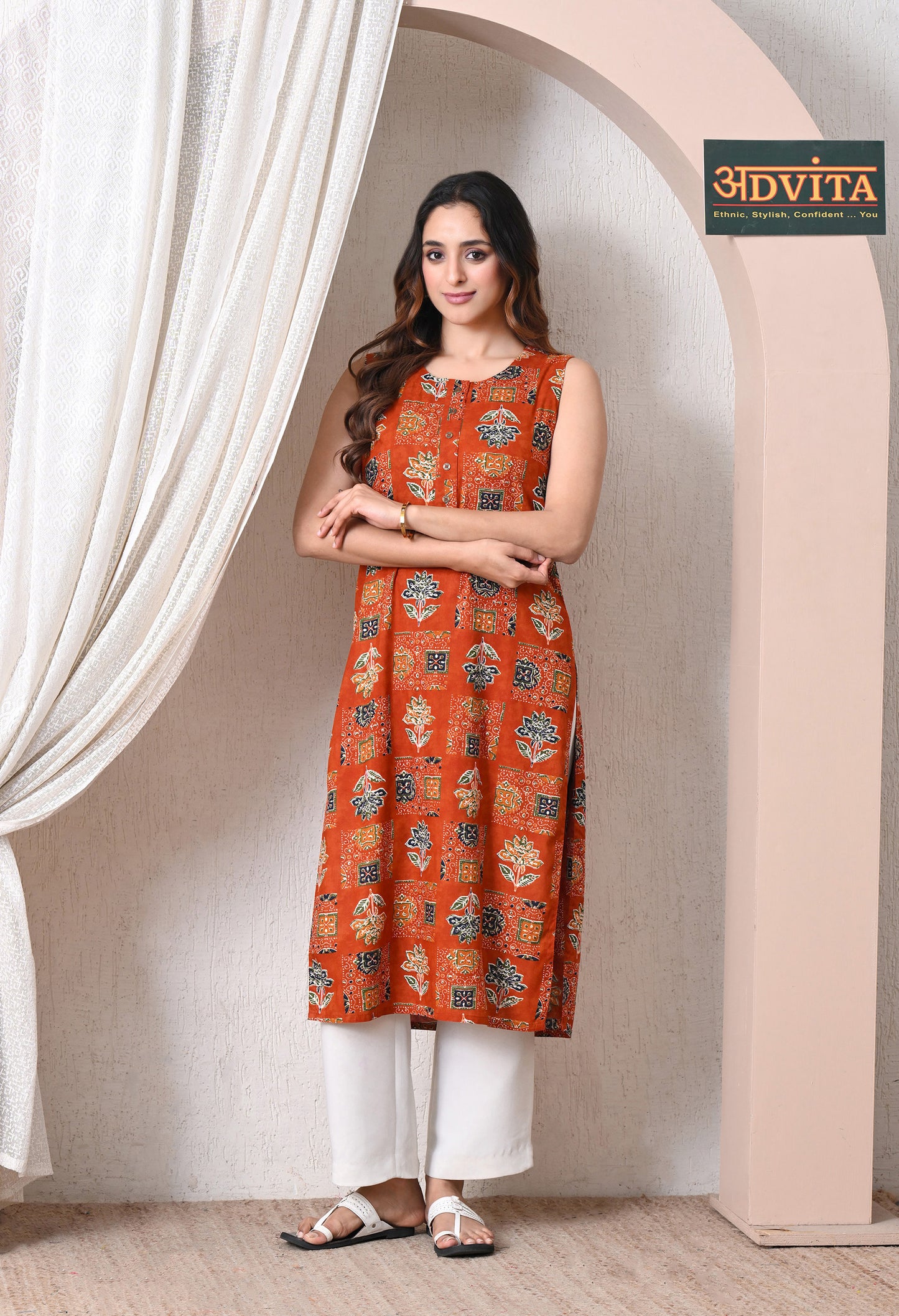 orange ajrakh block print cotton kurti full length women india