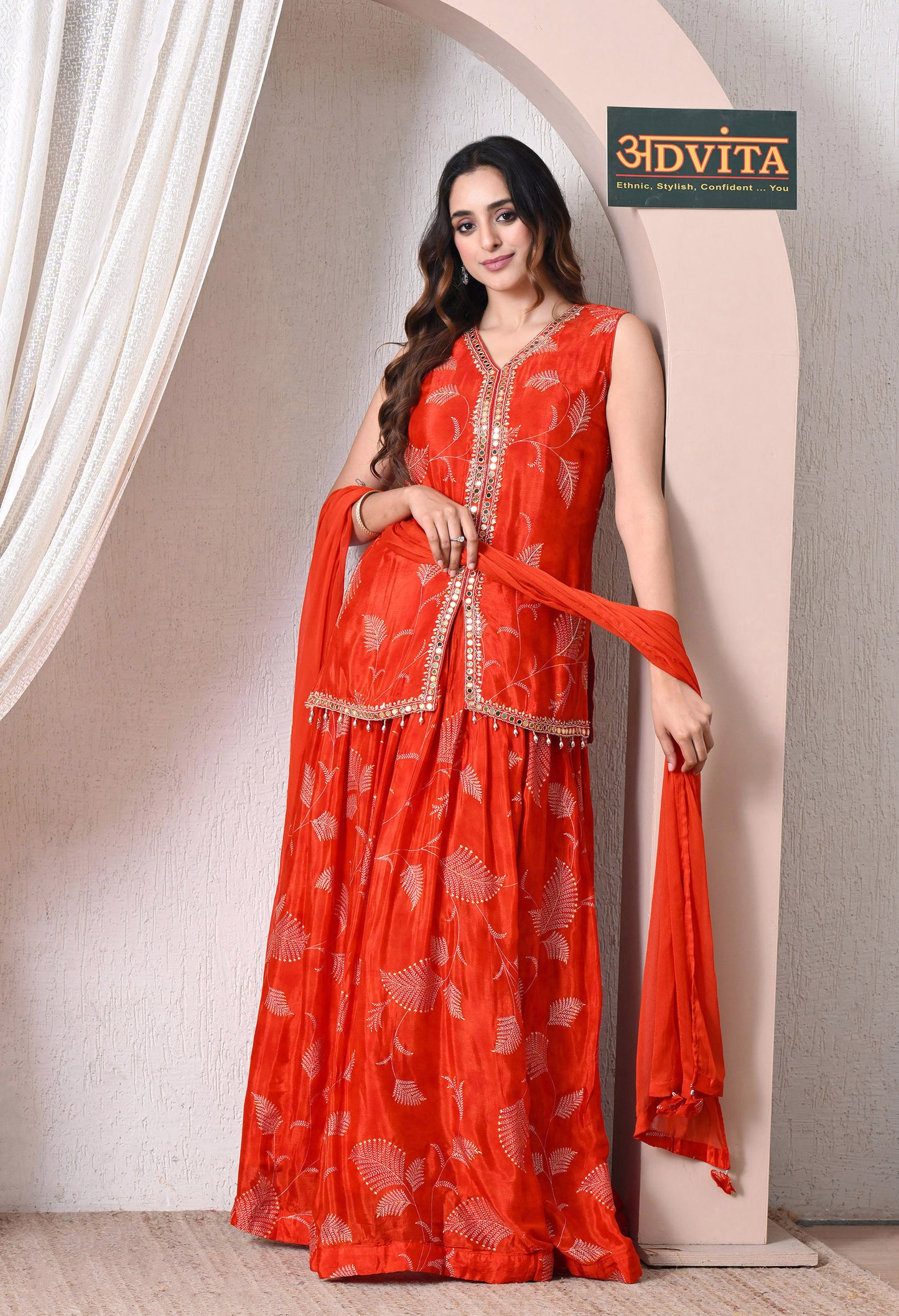 Advita Orange Embroidery Mirror Work Chinon Skirt Set for Women
