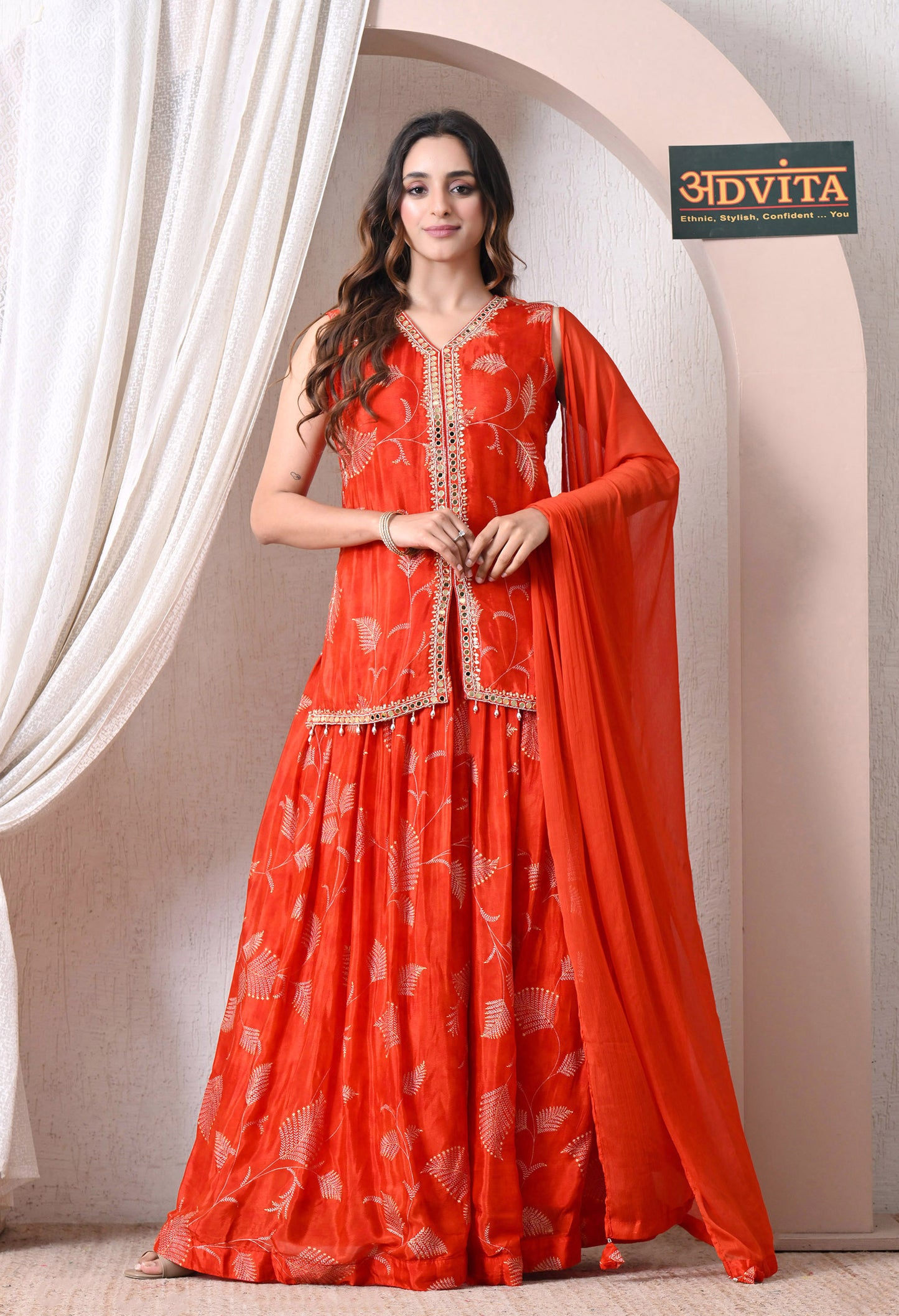 Advita Orange Embroidery Mirror Work Chinon Skirt Set for Women