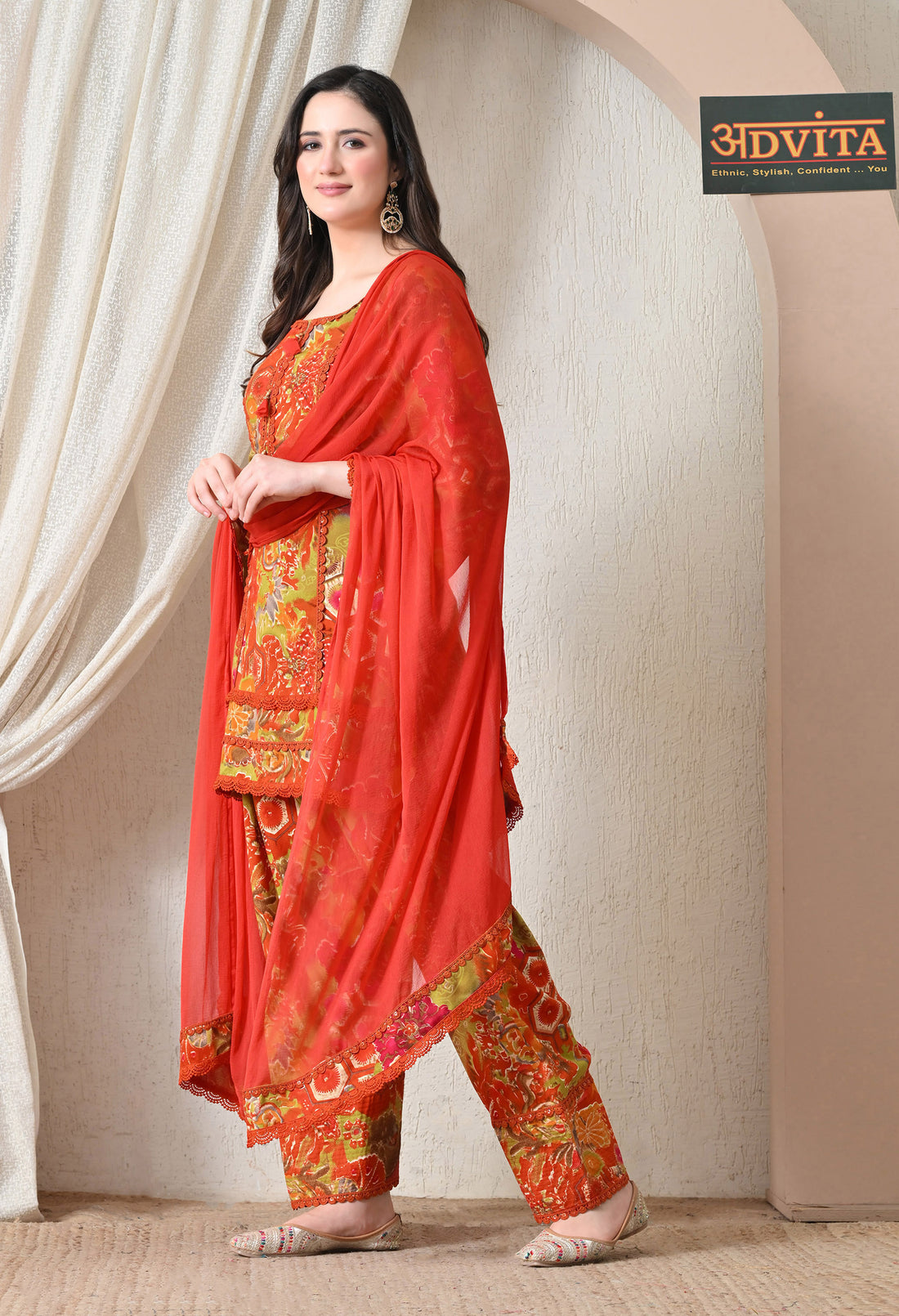 Advita Orange Multicolor Floral Print Rayon Cotton Farsi Salwar Suit for women – view 3