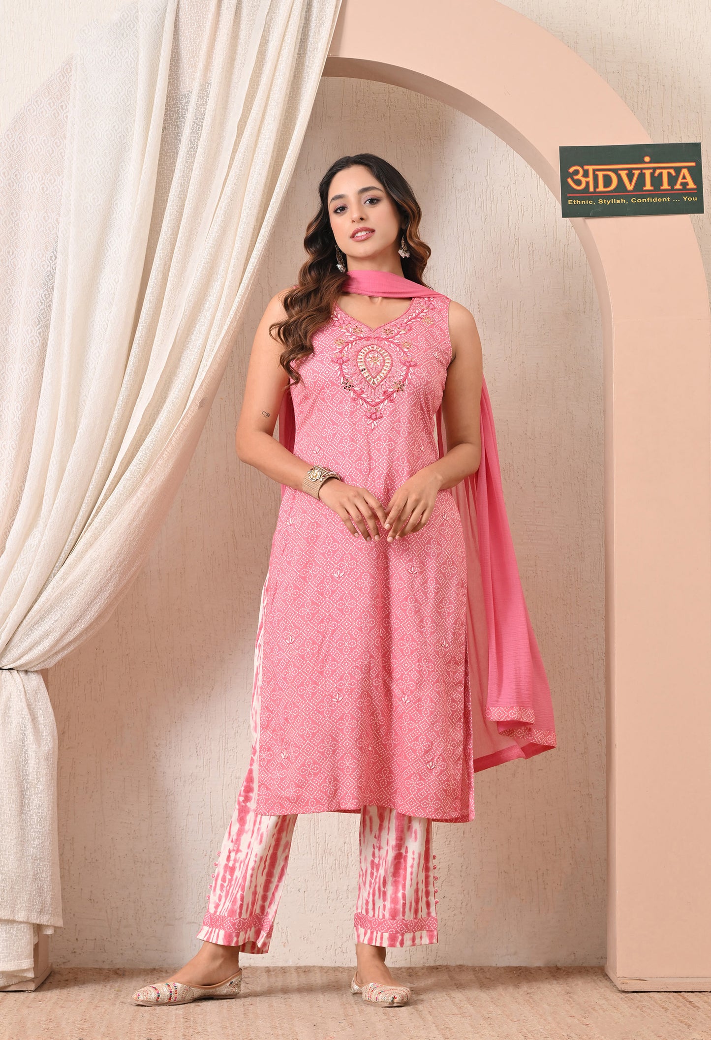 Advita Pink Bandhani Print Rayon Cotton Suit for Women
