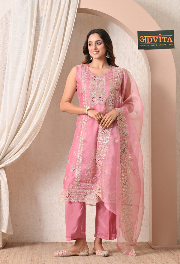 Advita Embroidered Organza Cutwork Tissue Silk Party Wear Suit for Women in Pink