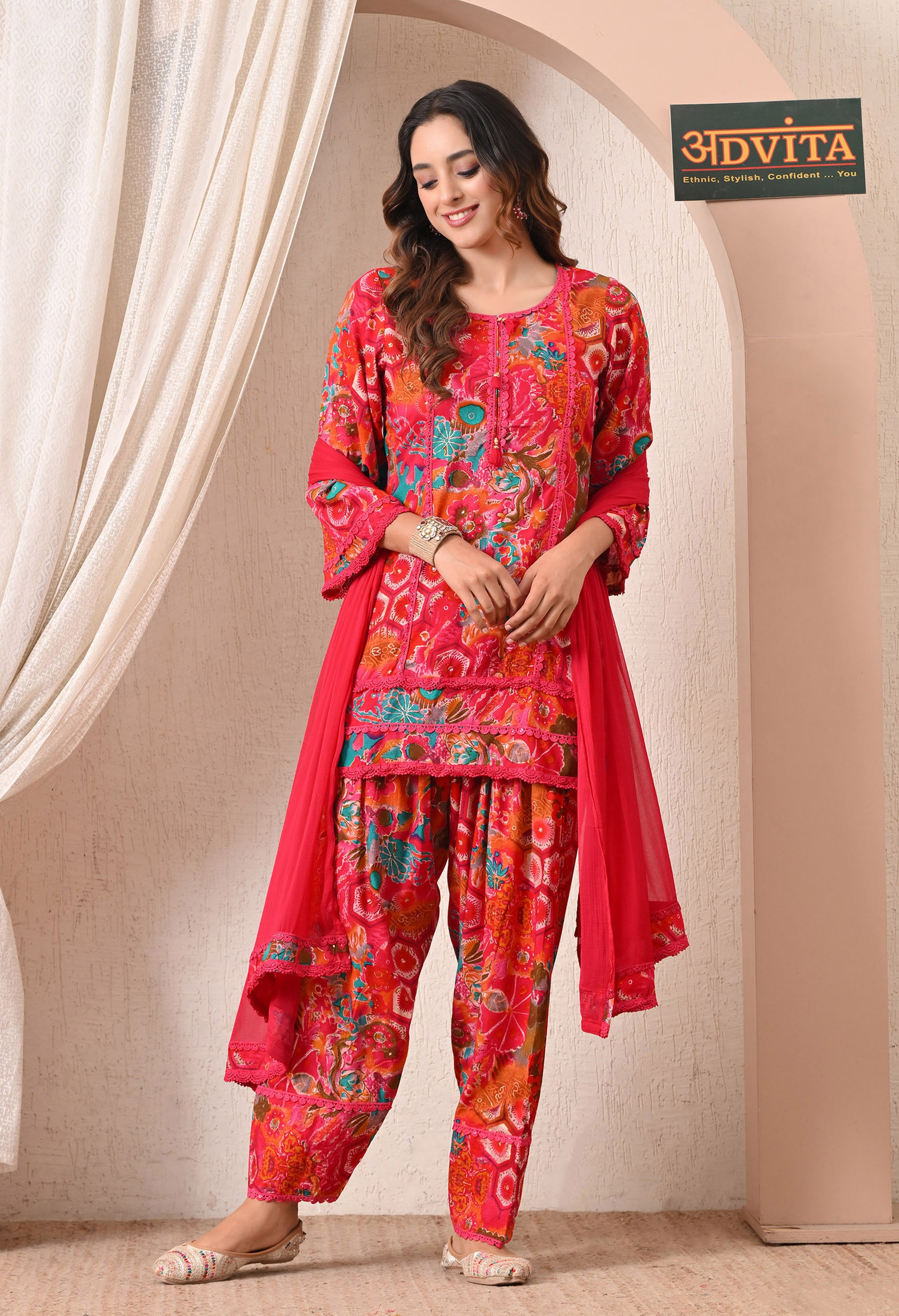 Advita Pink Multicolor Floral Print Rayon Cotton Farsi Salwar Suit for women – view 4