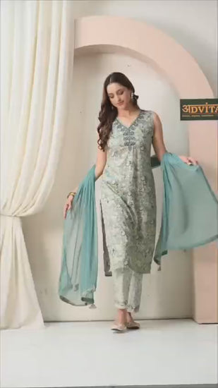 Full look of mint green rayon cotton suit for women
