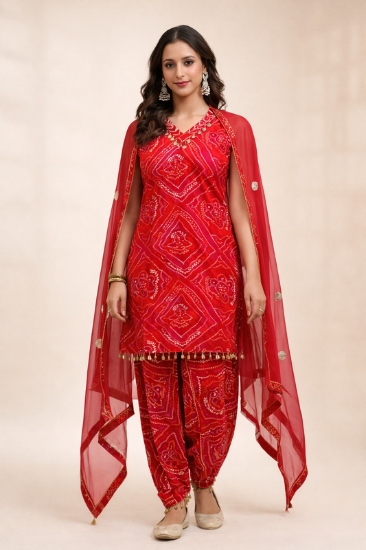 Woman wearing red bandhani print dhoti suit with dupatta