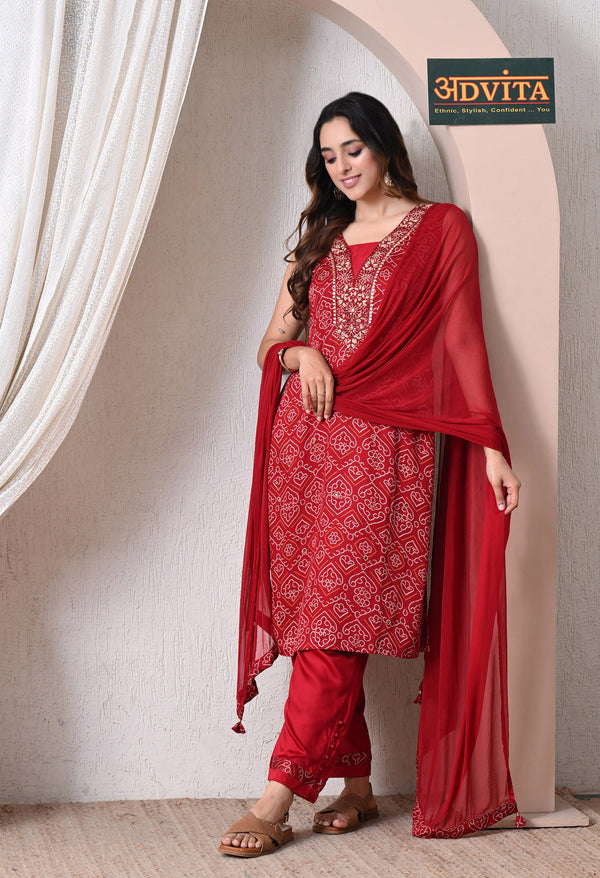 Advita Red Bandhani Print Rayon Cotton Suit for Women