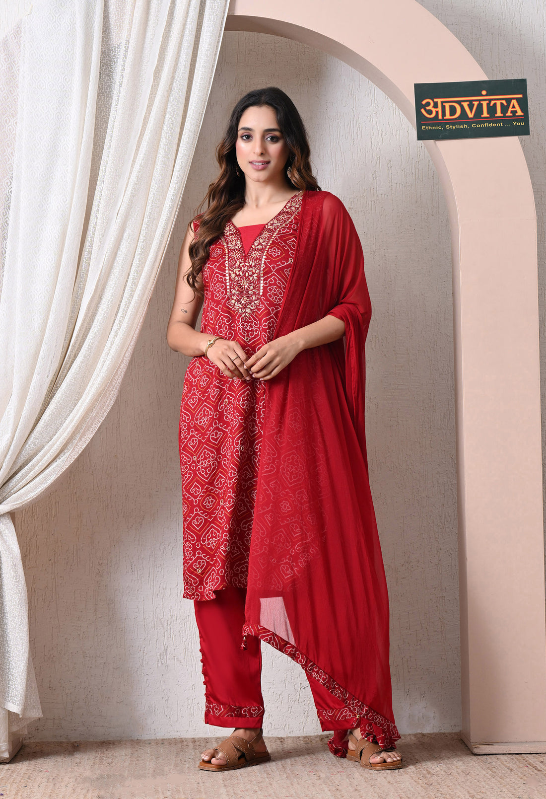 Advita Red Bandhani Print Rayon Cotton Suit for Women