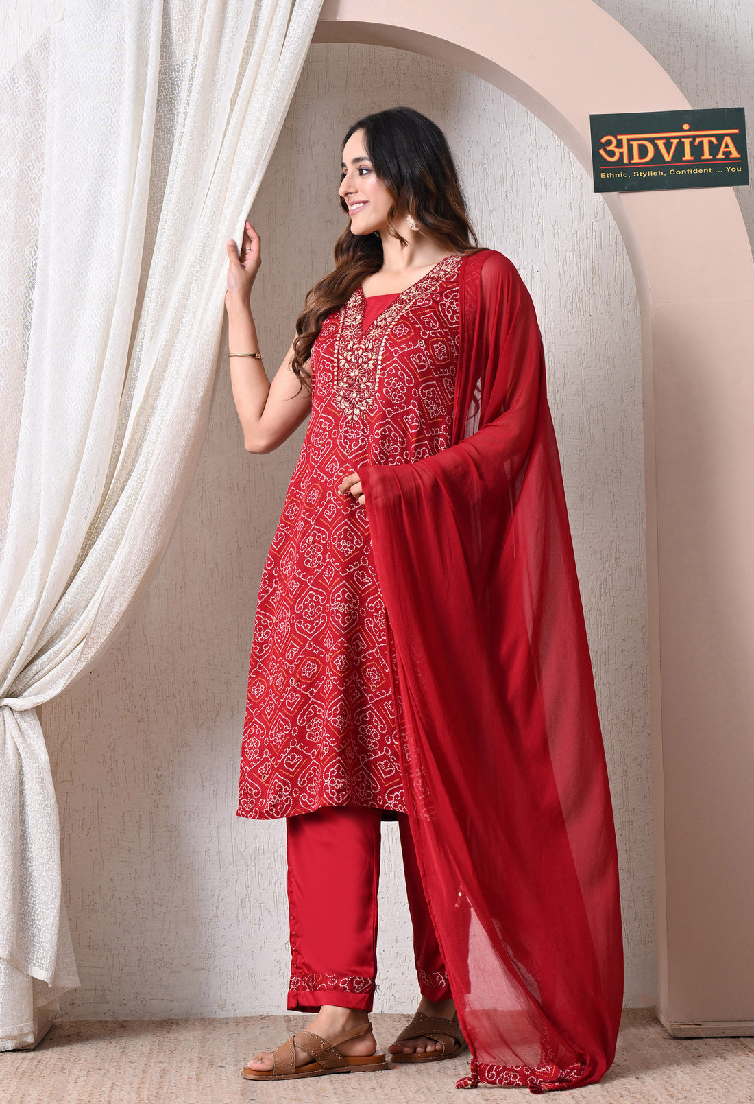 Advita Red Bandhani Print Rayon Cotton Suit for Women