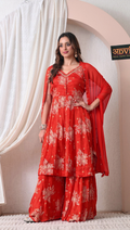 Advita Red Floral Printed Chinon Party Wear Sharara for Women