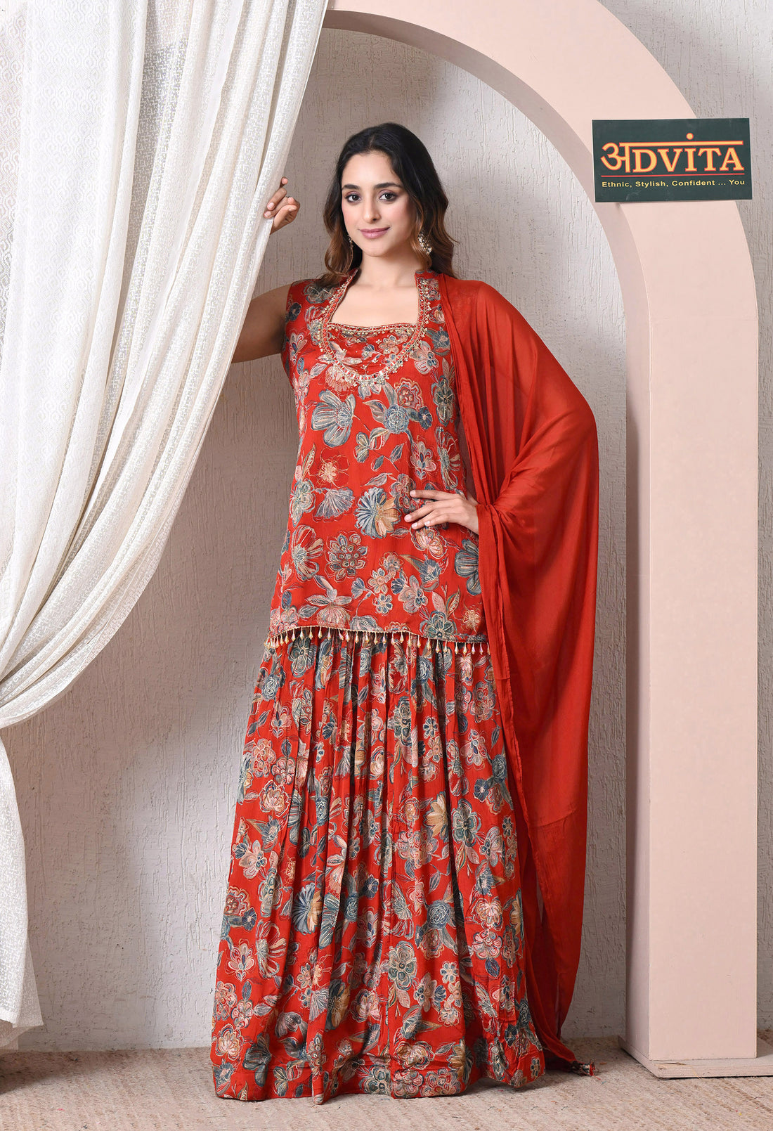 Advita Red Floral Chinon Skirt Set for Women
