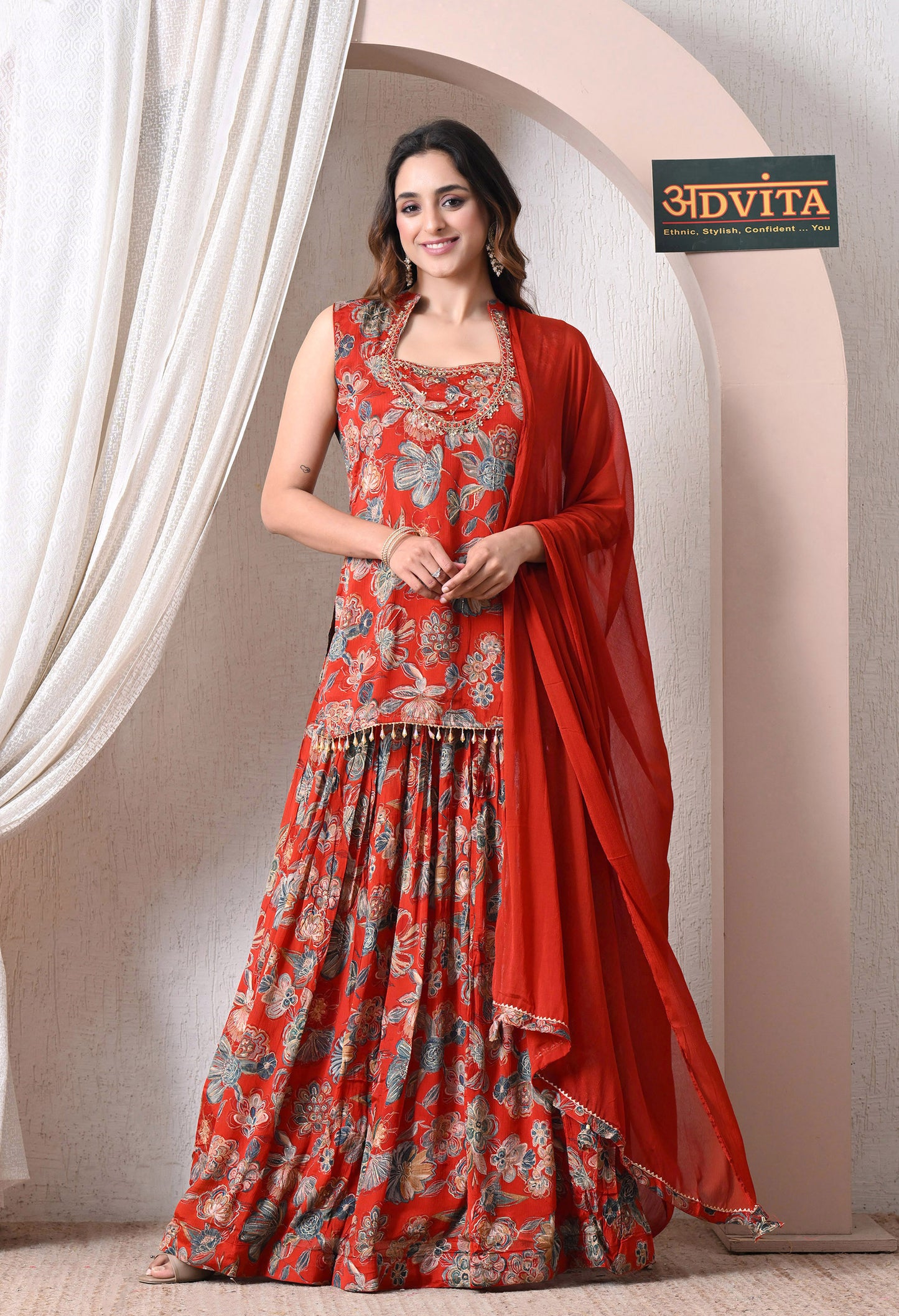 Advita Red Floral Chinon Skirt Set for Women