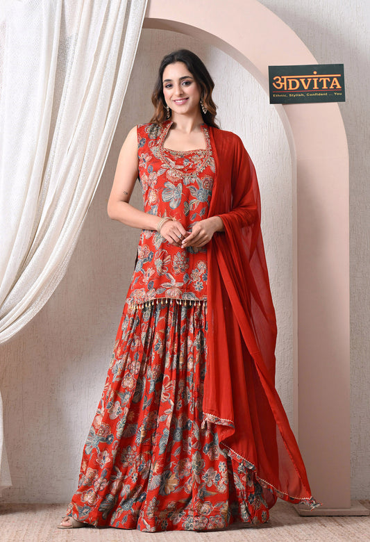 Advita Red Floral Chinon Skirt Set for Women